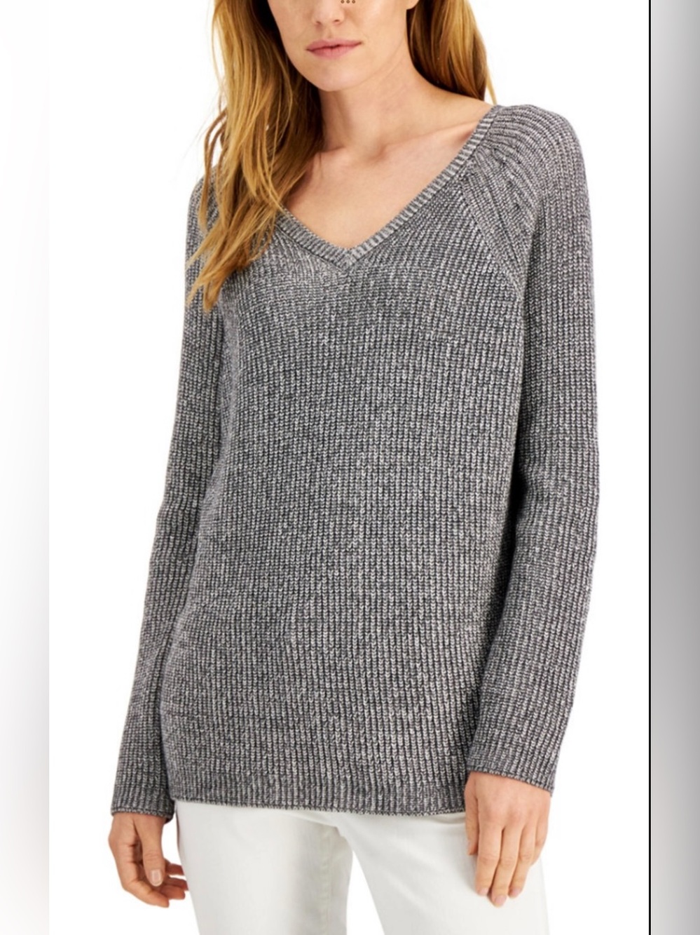 Eileen Fisher Heather Gray V-Neck Ribbed Sweater